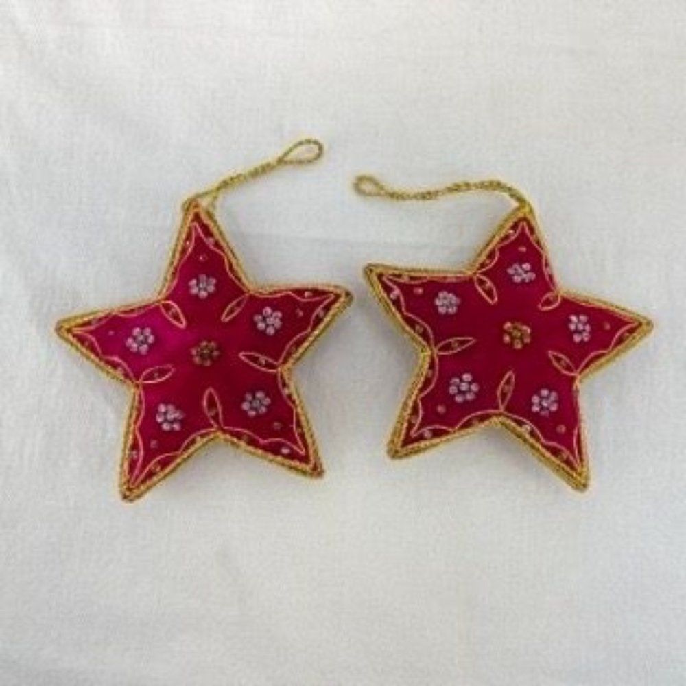 Vintage Woodbridge Designs Red Velvet Gold Trim Star Ornament Lot of 2